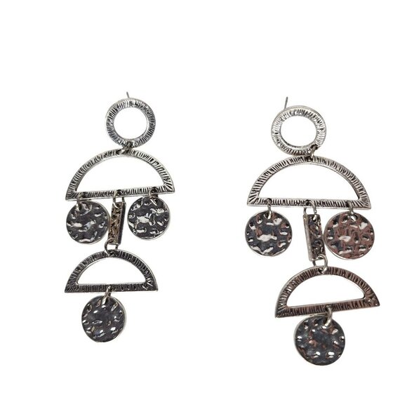 Hammered Silver Geometric Dangle Earrings With Circular & Semi-Circle Shapes - Picture 1 of 2